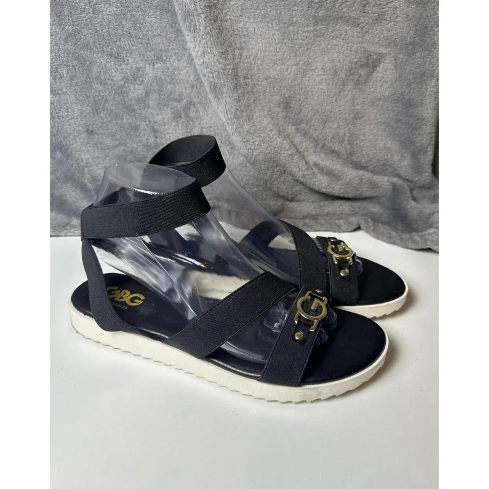 G by Guess GBG Black‎ Elastic Ankle Strap Sandals Wedges Gold Logo Accent 8.5